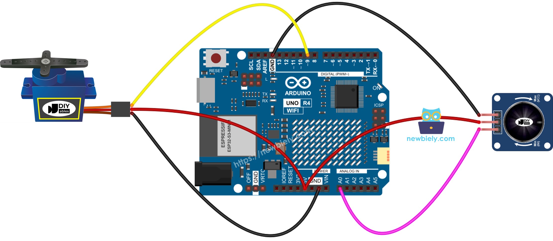 Diagrama de cableado del módulo de potenciómetro para servomotor en Arduino UNO R4