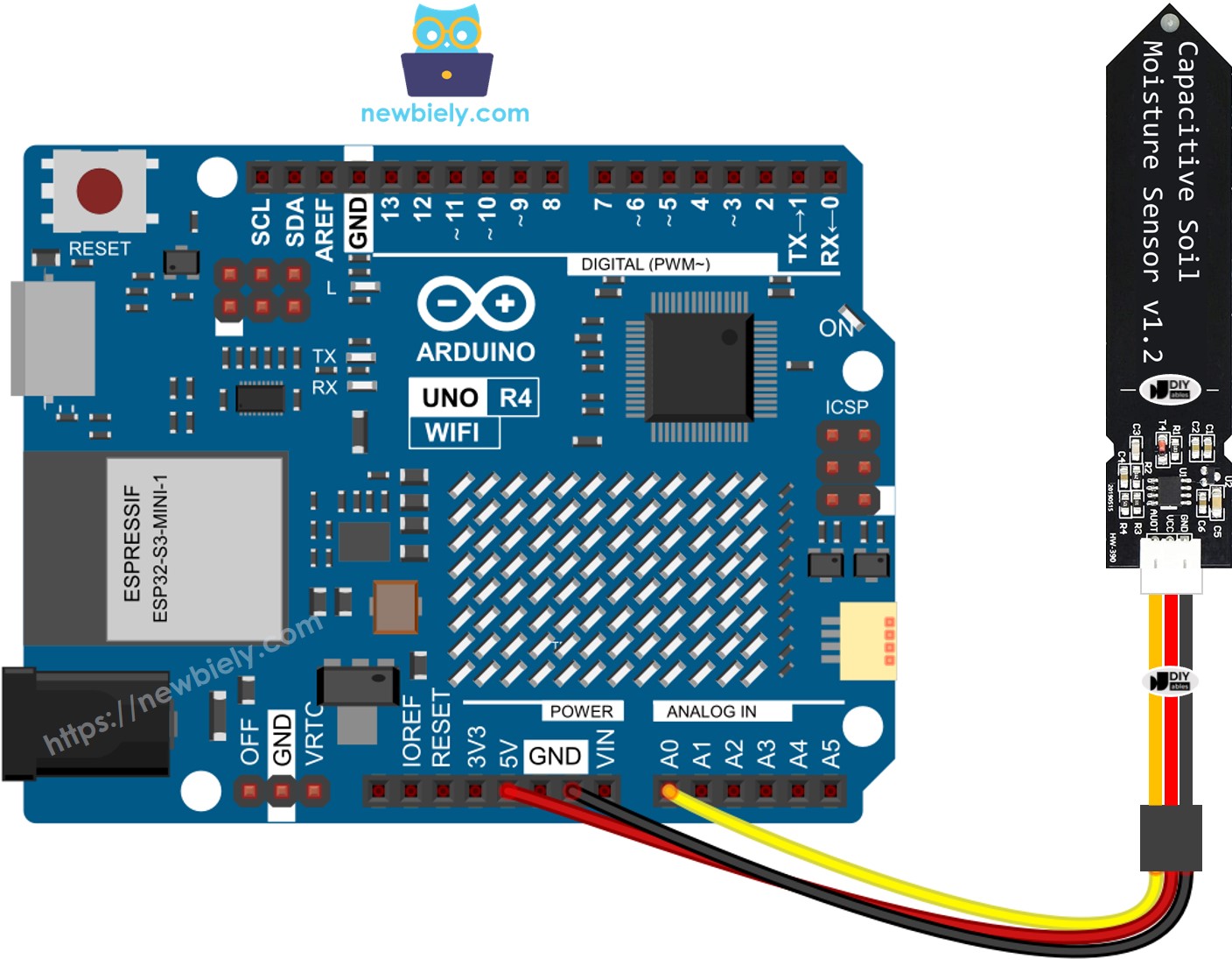 Diagrama de cableado del sensor de humedad del suelo para Arduino UNO R4