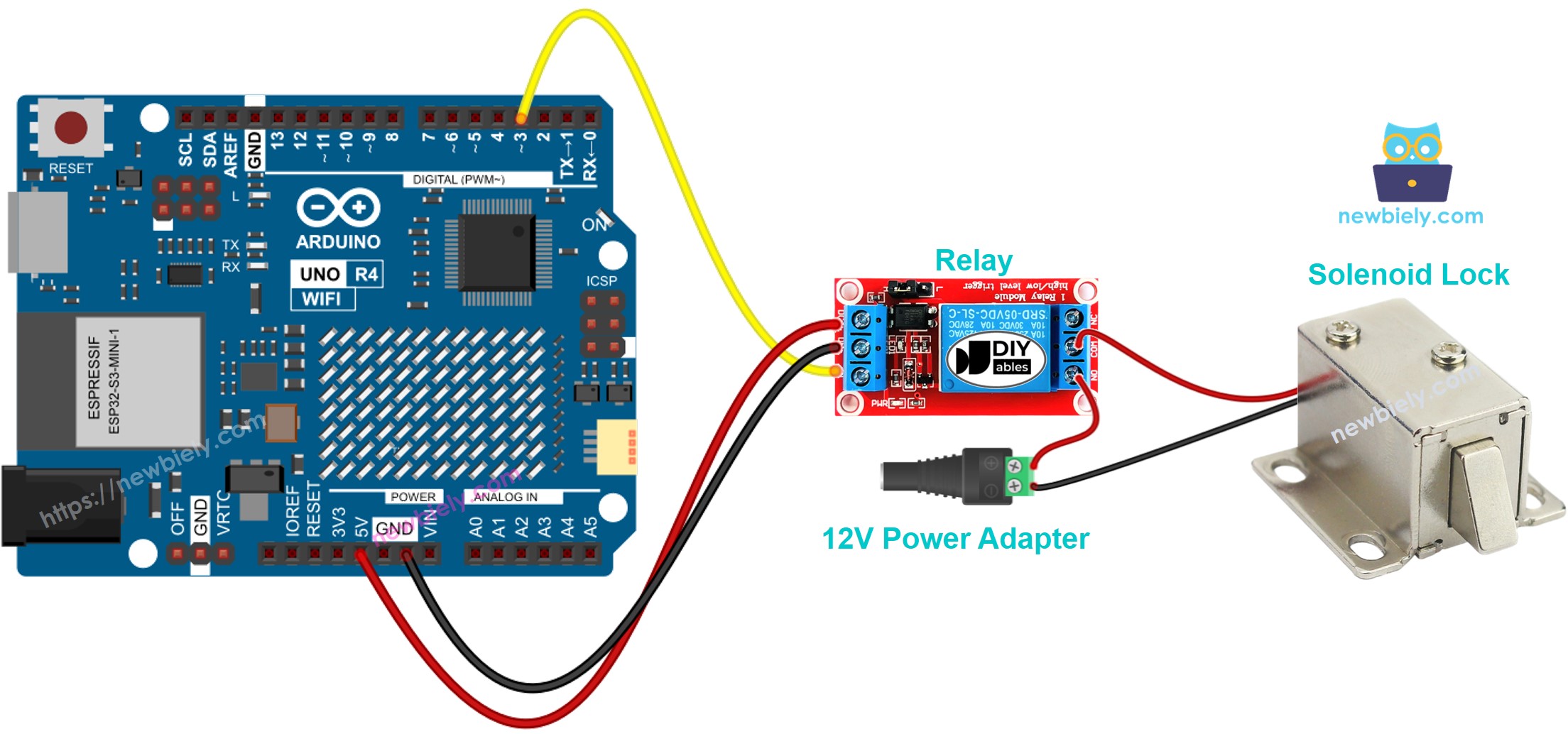 Diagrama de cableado de la cerradura de solenoide Arduino UNO R4