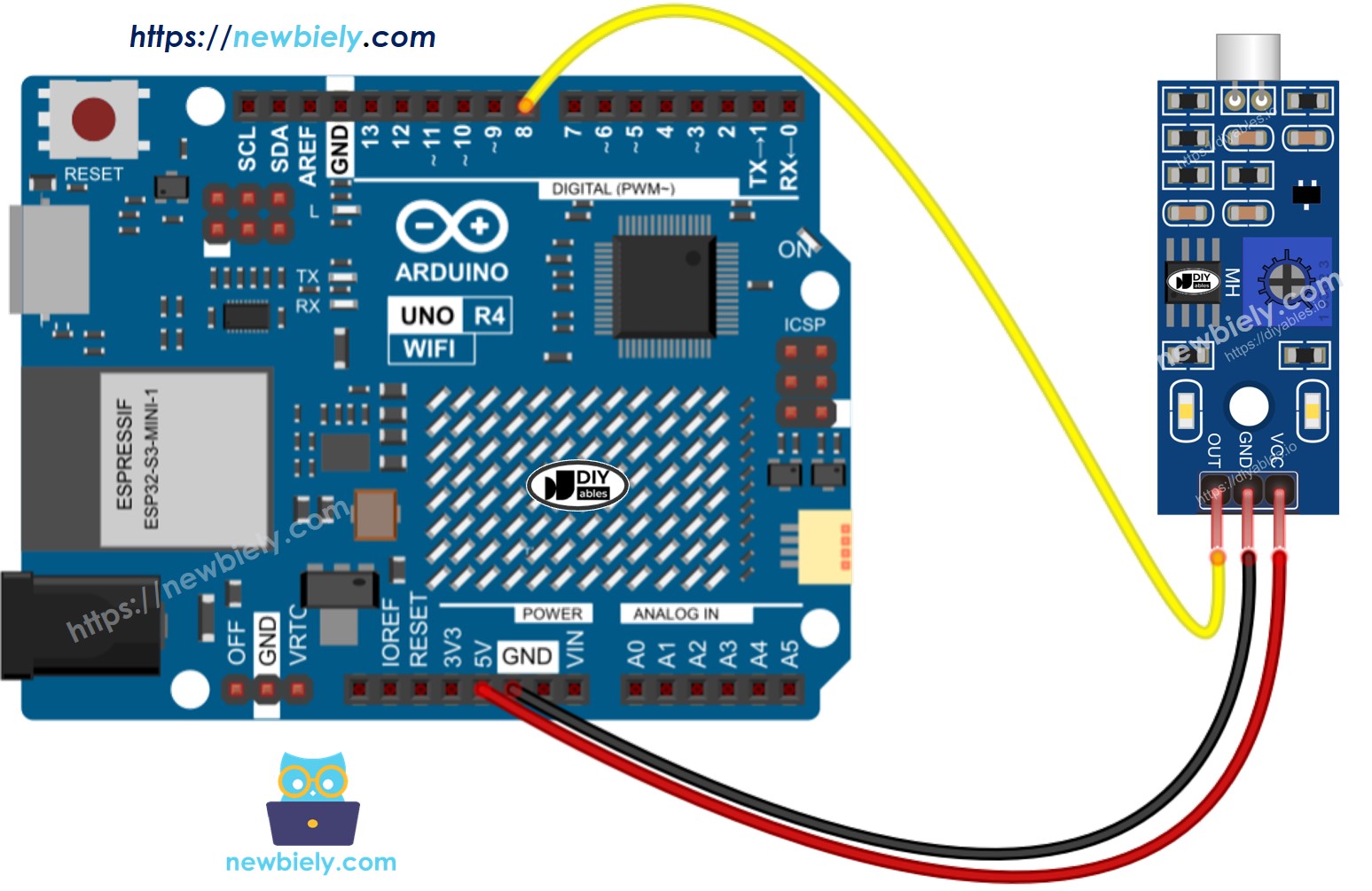 Diagrama de cableado del sensor de sonido para Arduino UNO R4