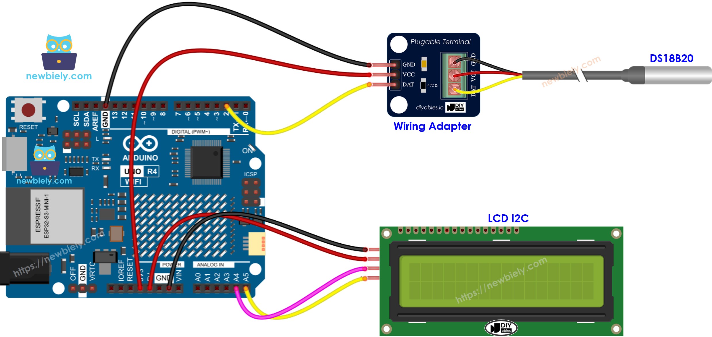 Diagrama de cableado del LCD para sensor de temperatura Arduino UNO R4