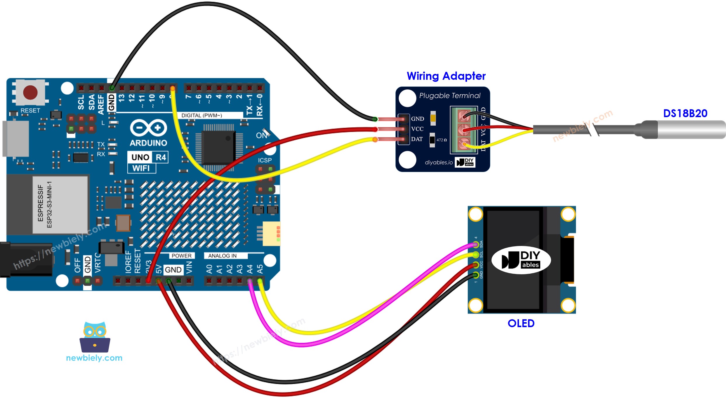 Diagrama de cableado OLED para Arduino UNO R4 y sensor de temperatura DS18B20