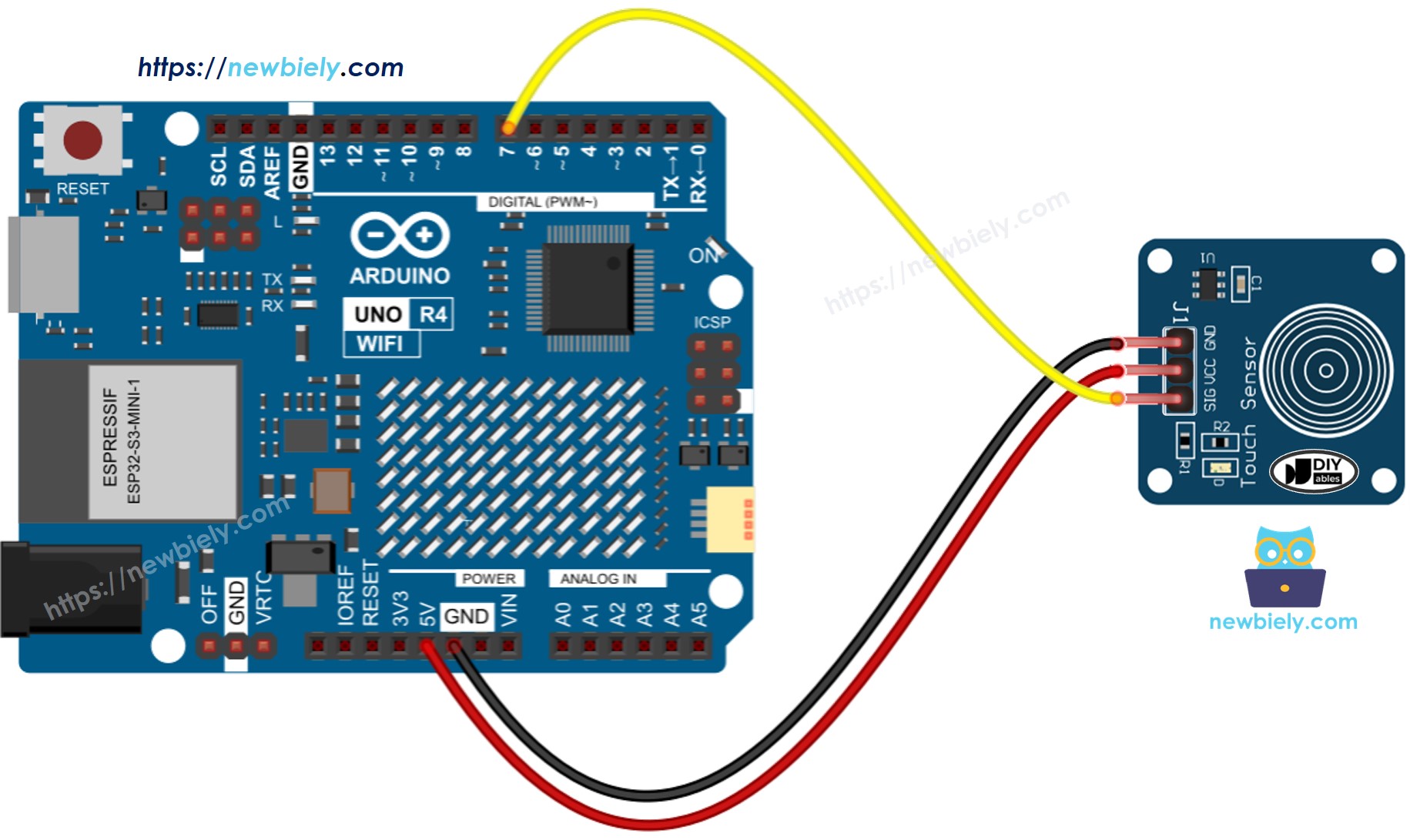 Diagrama de cableado del sensor táctil Arduino UNO R4