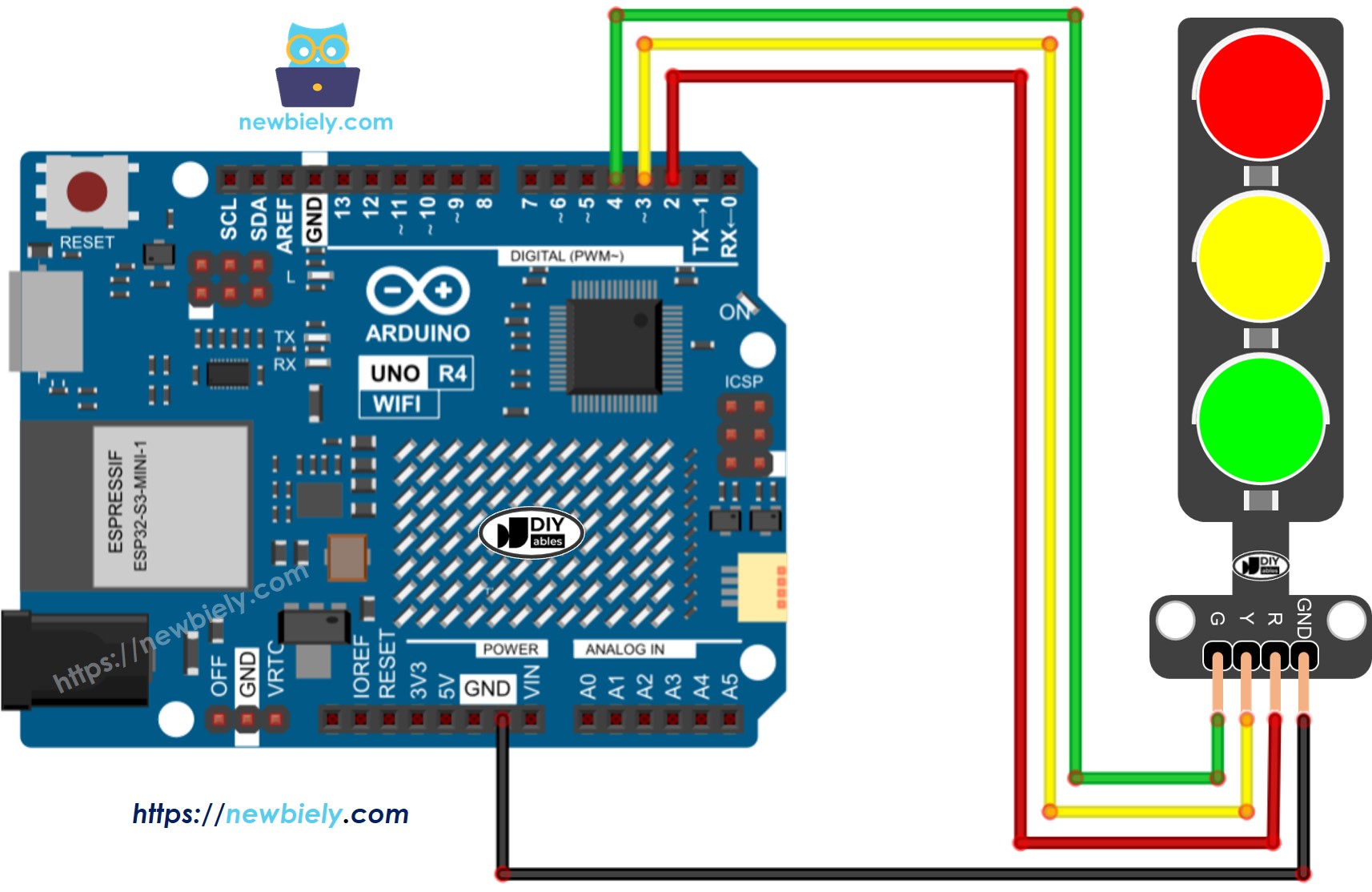 Diagrama de cableado del semáforo Arduino UNO R4