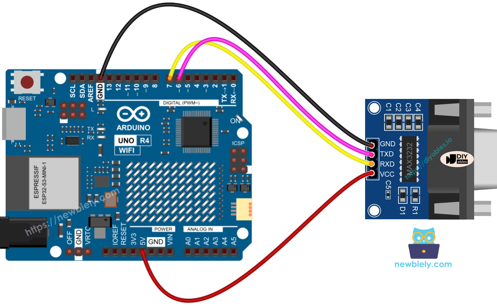 Diagrama de cableado RS232 a TTL para Arduino UNO R4