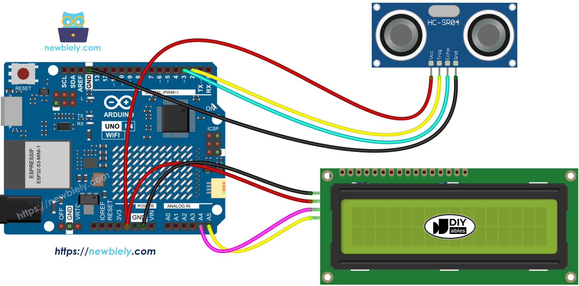 Diagrama de cableado del LCD ultrasónico para Arduino UNO R4