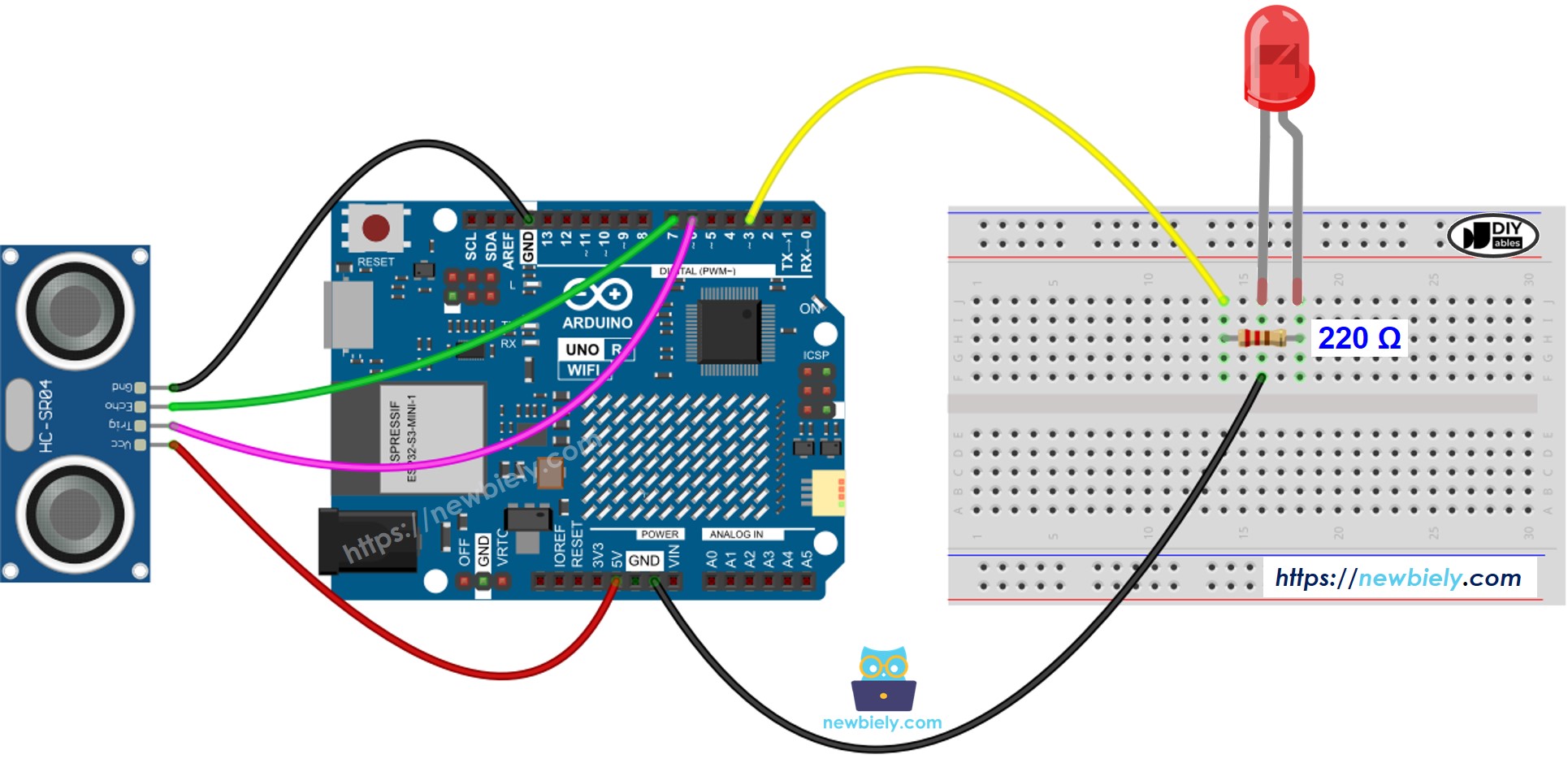 Diagrama de cableado LED del sensor ultrasónico Arduino UNO R4