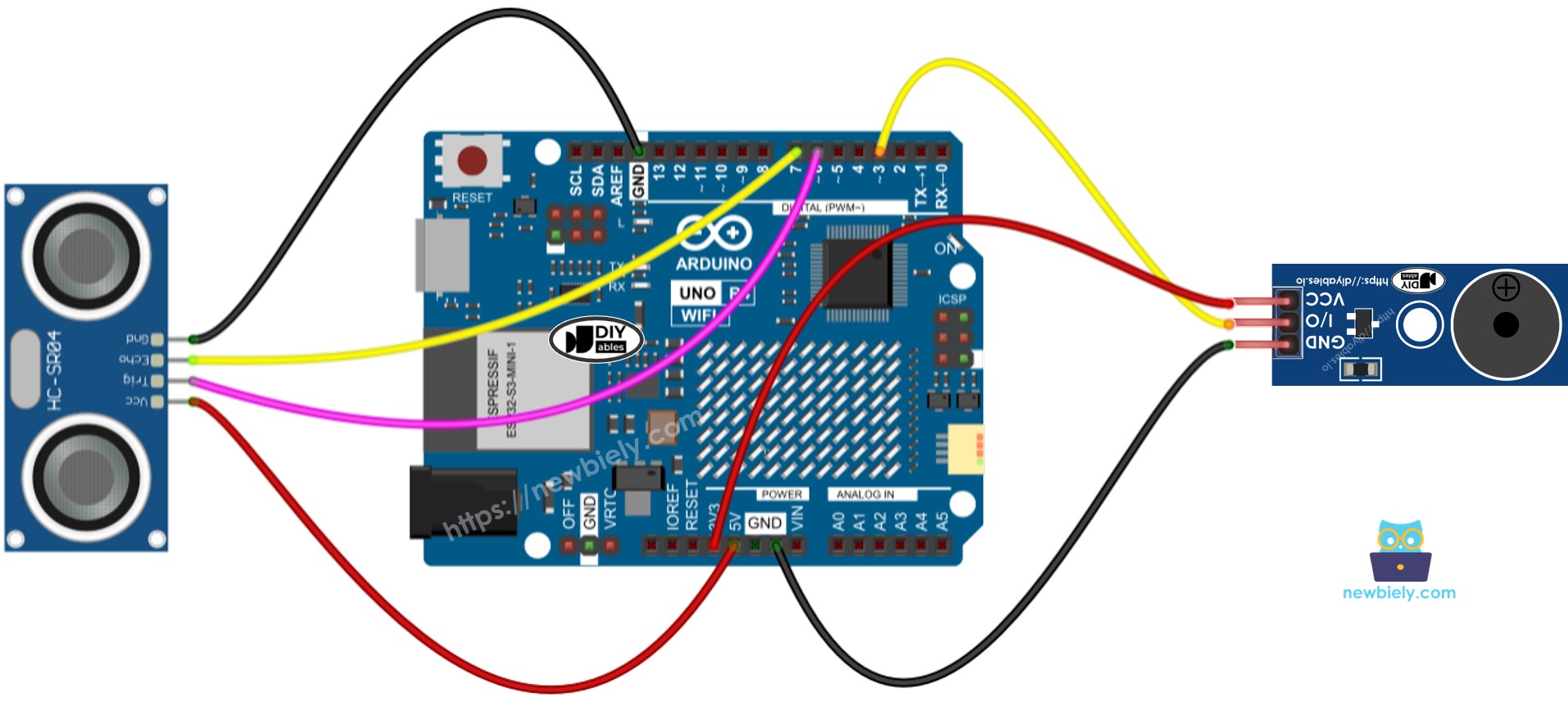 Diagrama de cableado del módulo de sensor ultrasónico y zumbador piezoeléctrico para Arduino UNO R4