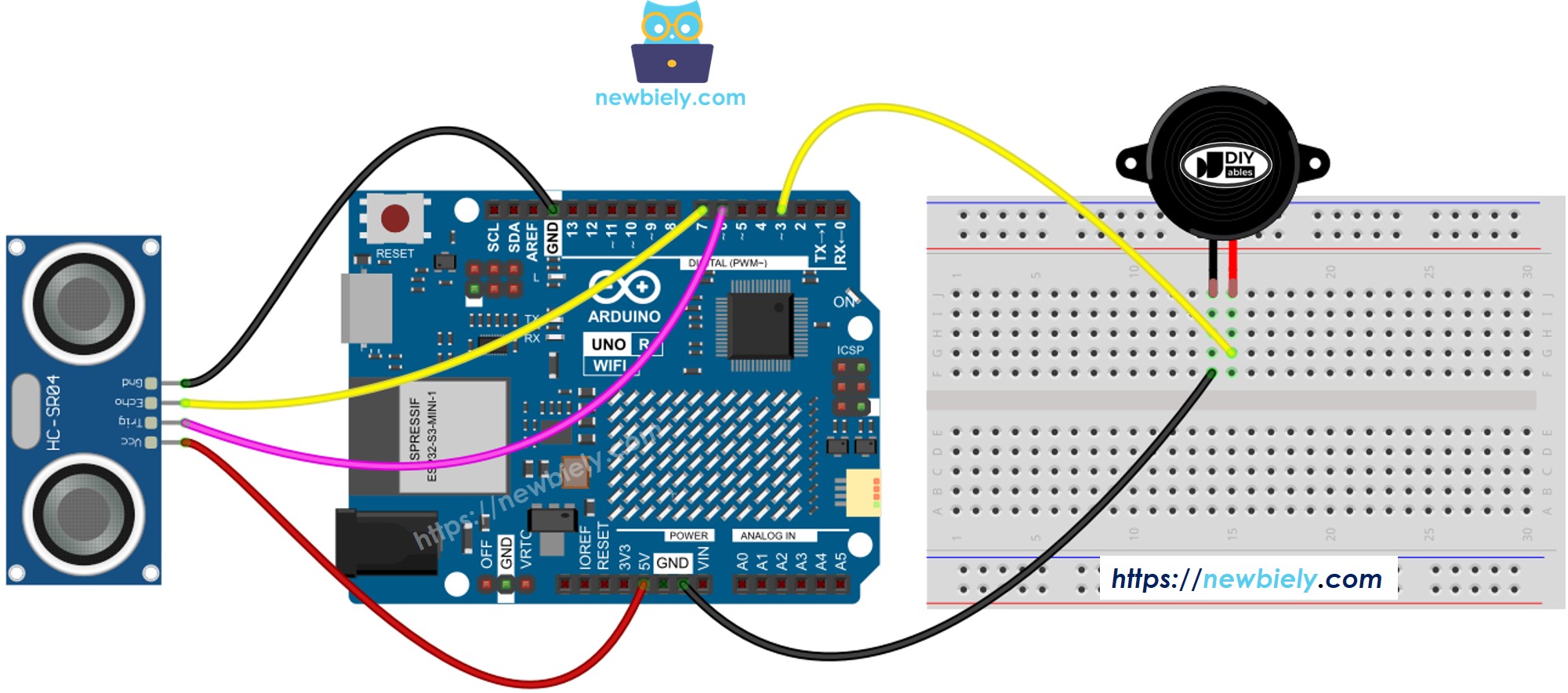 Diagrama de cableado del sensor ultrasónico y del zumbador piezoeléctrico para Arduino UNO R4