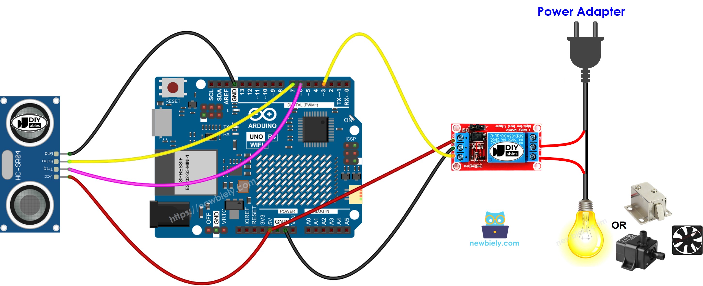 Diagrama de cableado del relé para sensor ultrasónico Arduino UNO R4