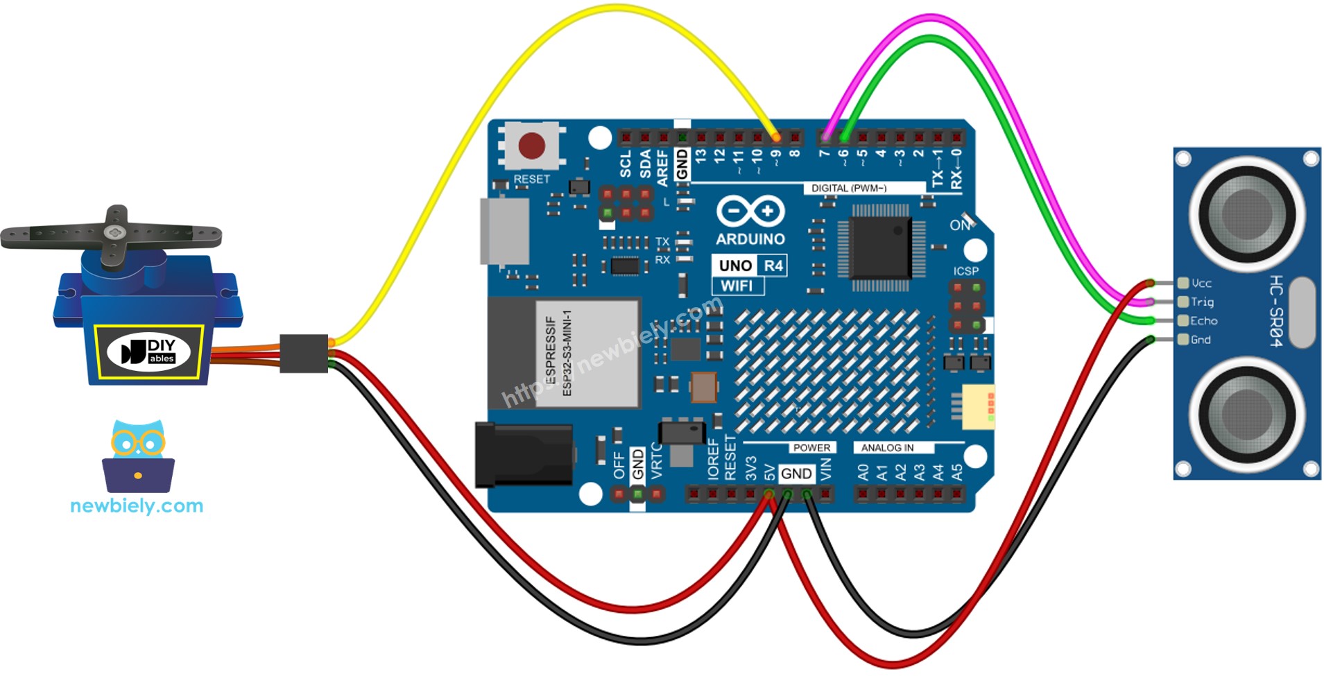 Diagrama de cableado de Arduino UNO R4 para sensor ultrasónico y servomotor