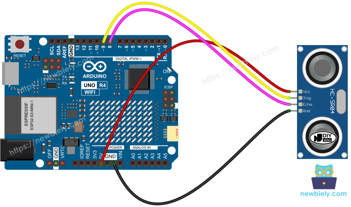 Diagrama de cableado del sensor ultrasónico Arduino UNO R4