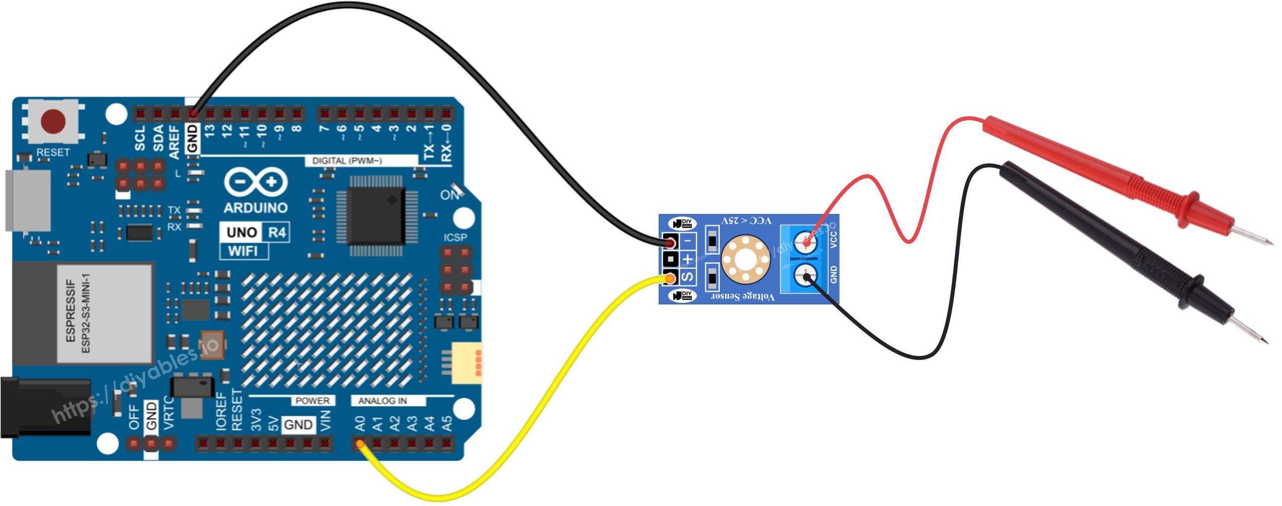 Diagrama de cableado del sensor de voltaje para Arduino UNO R4