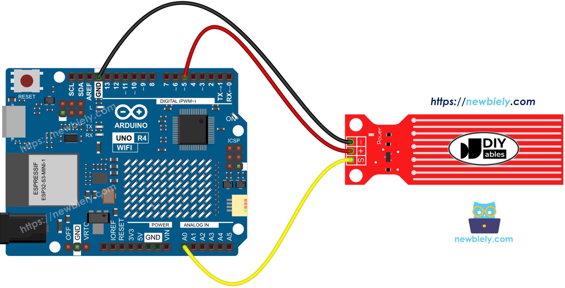 Diagrama de cableado del sensor de agua Arduino UNO R4