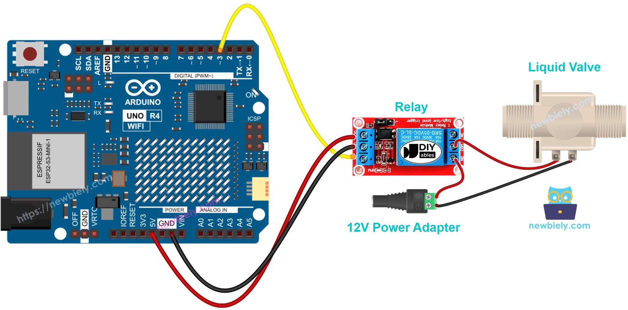 Diagrama de cableado de la válvula de agua para Arduino UNO R4