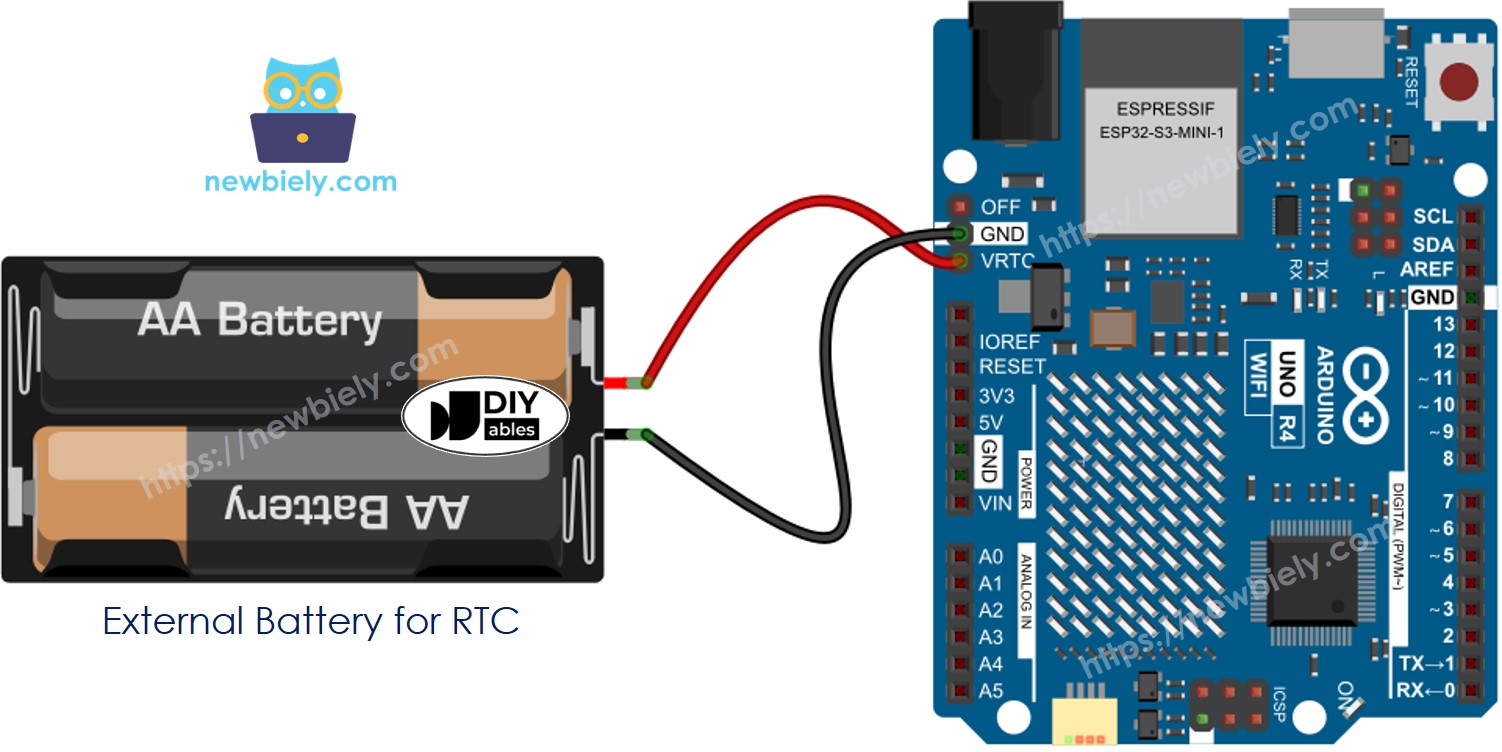 Diagrama de cableado de la batería de respaldo RTC para Arduino UNO R4 WiFi