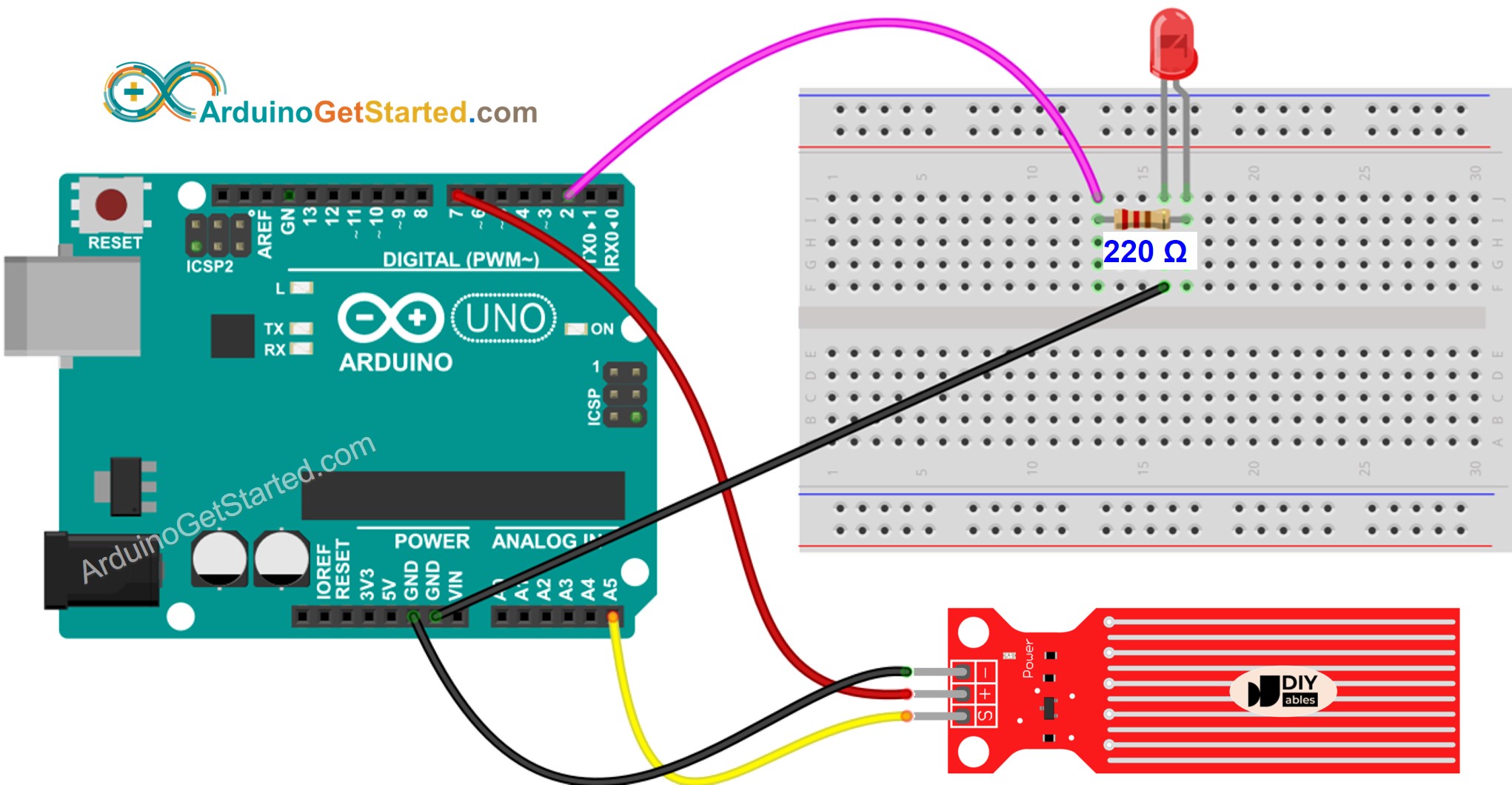 Diagrama de cableado del LED para sensor de agua de Arduino