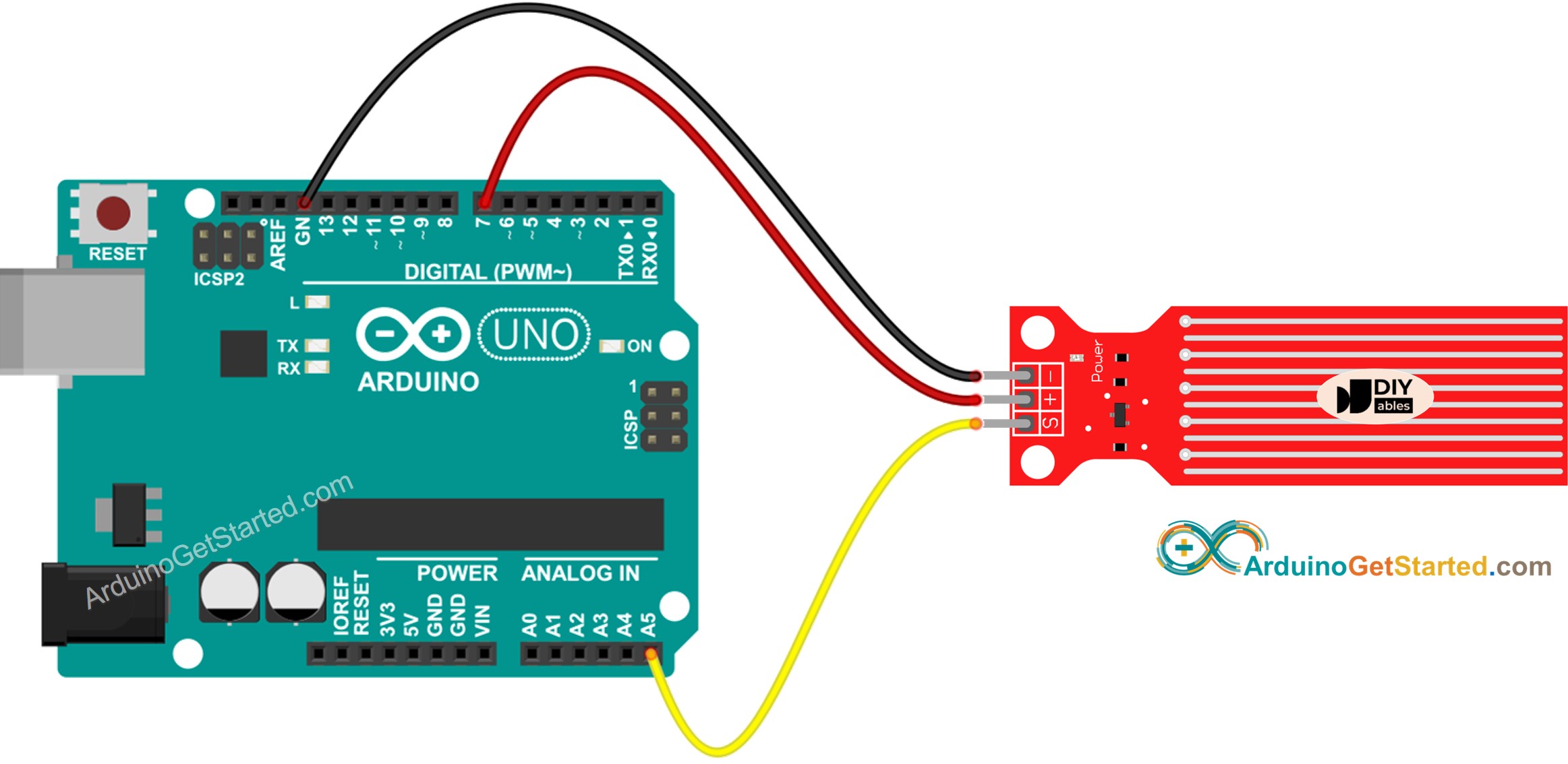 Diagrama de cableado del sensor de agua de Arduino
