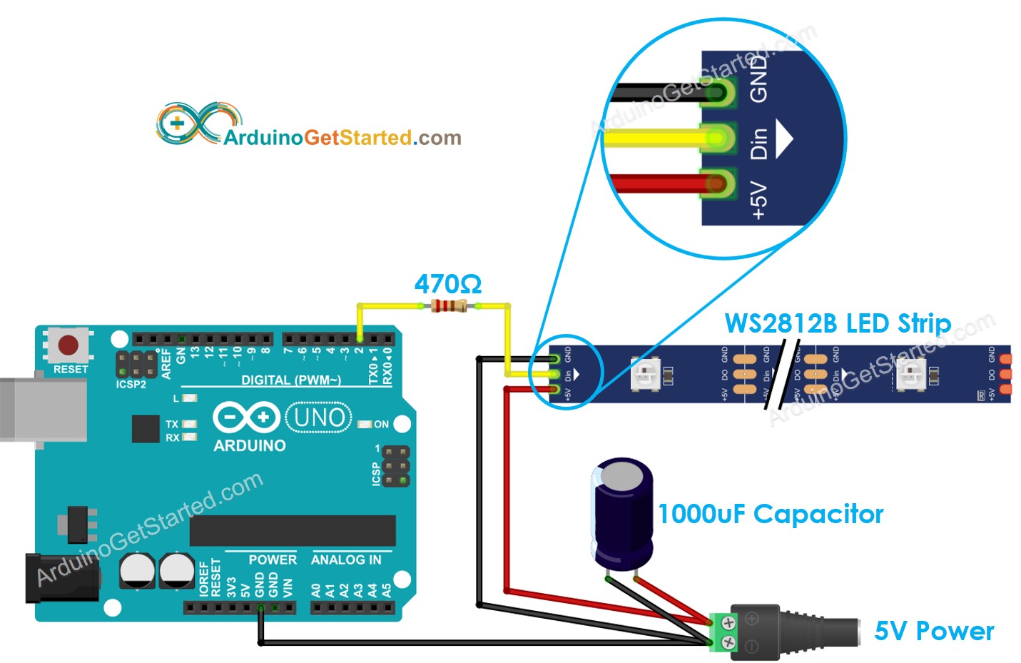 Diagrama de cableado de la tira de LEDs RGB WS2812B para Arduino