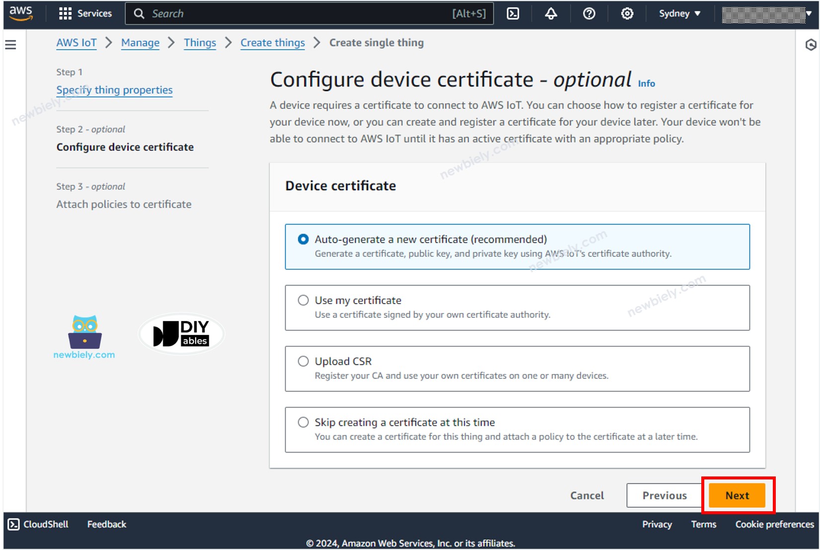 AWS IoT Core genera un certificado.