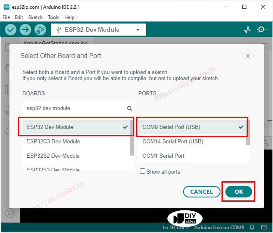 Selección de la placa ESP32 en el IDE de Arduino