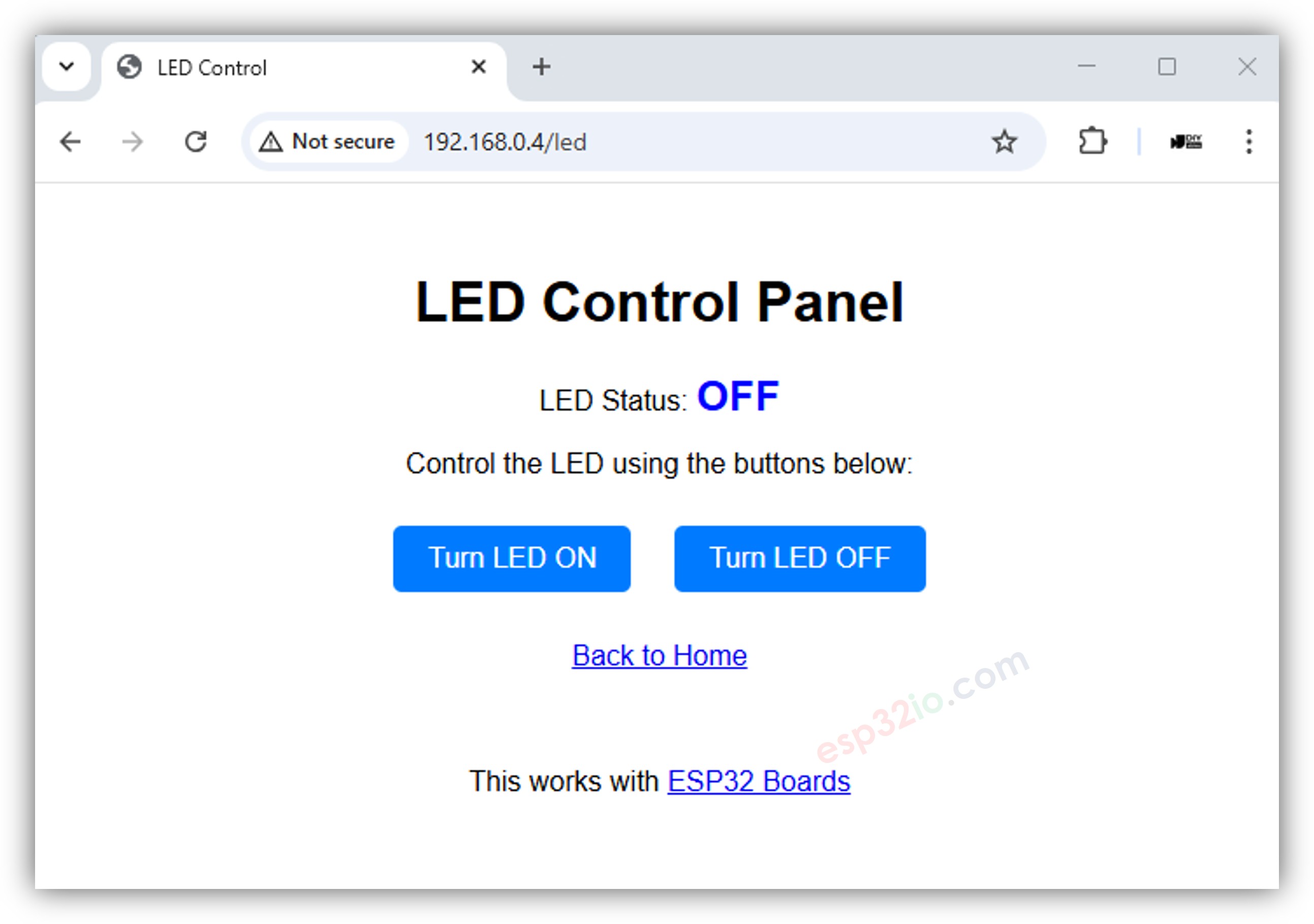 Demostración de la página de control de LED