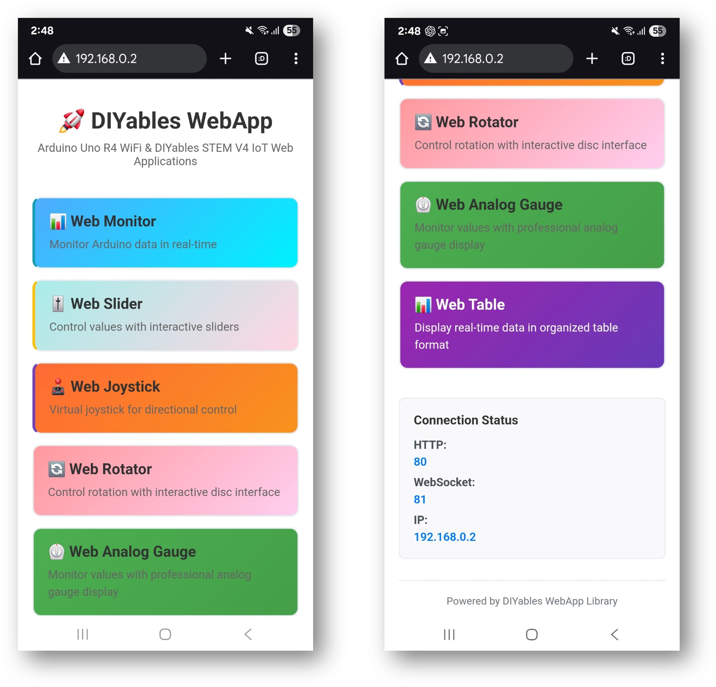 Página de inicio de la WebApp ESP32 DIYables con múltiples aplicaciones web.