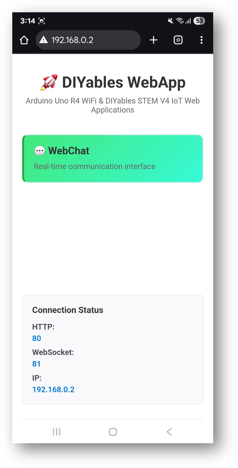 Página de inicio de la WebApp DIYables para ESP32 con la aplicación de chat web