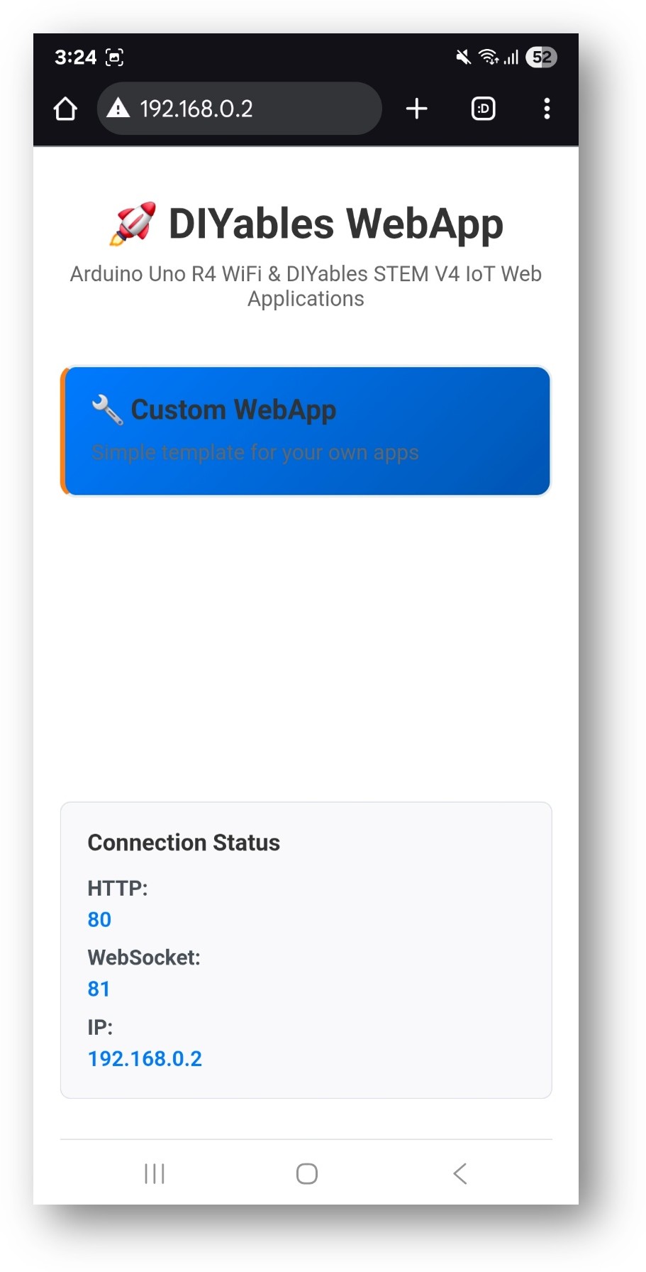 Página de inicio de la WebApp ESP32 DIYables con la aplicación web personalizada