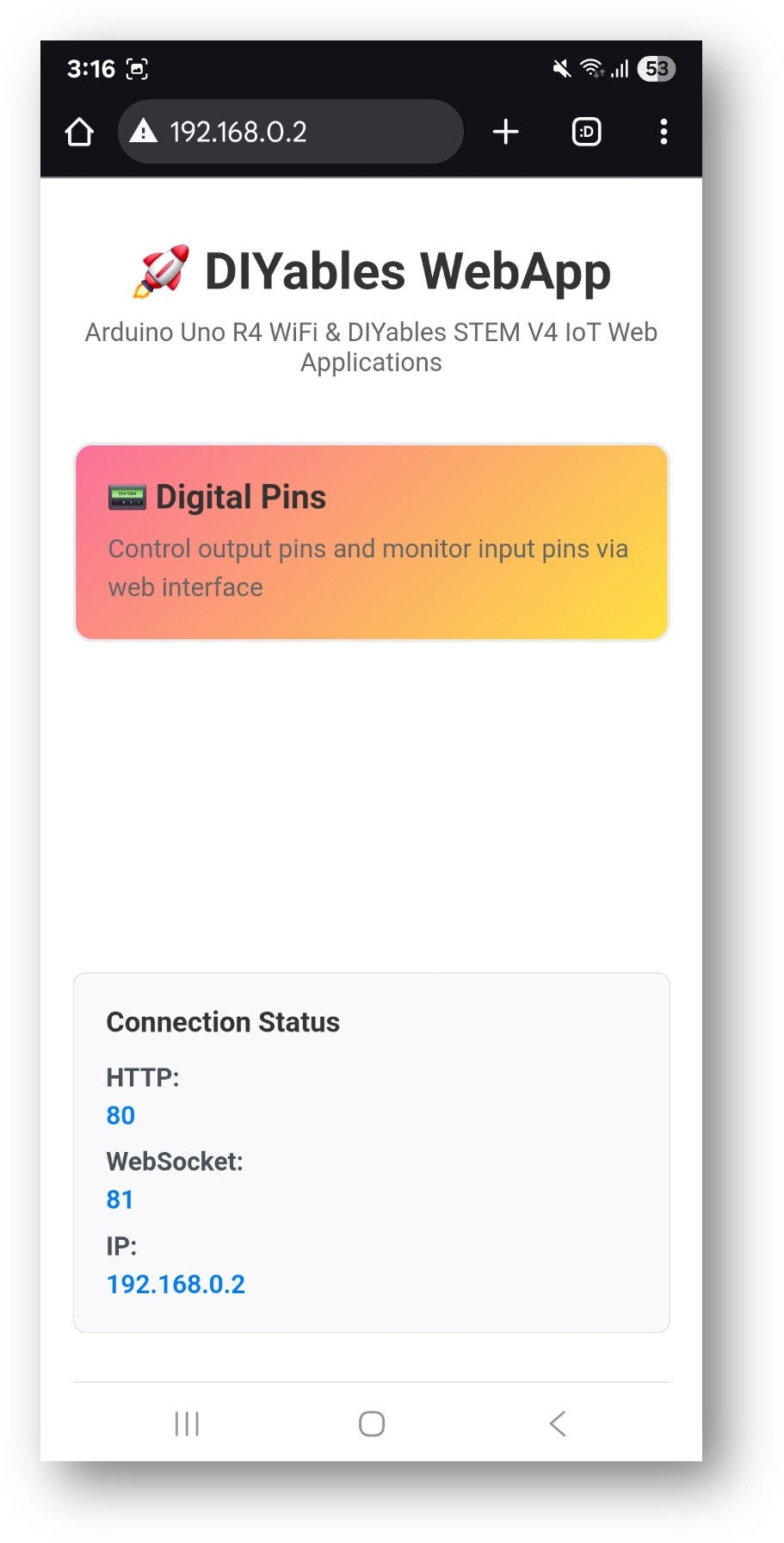 ESP32 DIYables página de inicio de la aplicación web con la aplicación Web Digital Pins