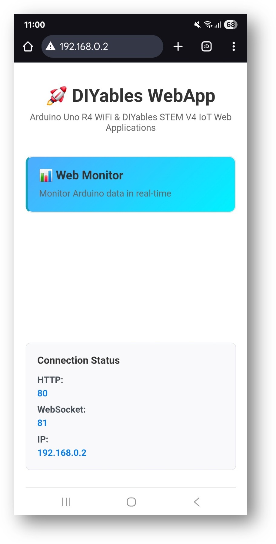 Página de inicio de la WebApp ESP32 DIYables con la aplicación Web Monitor