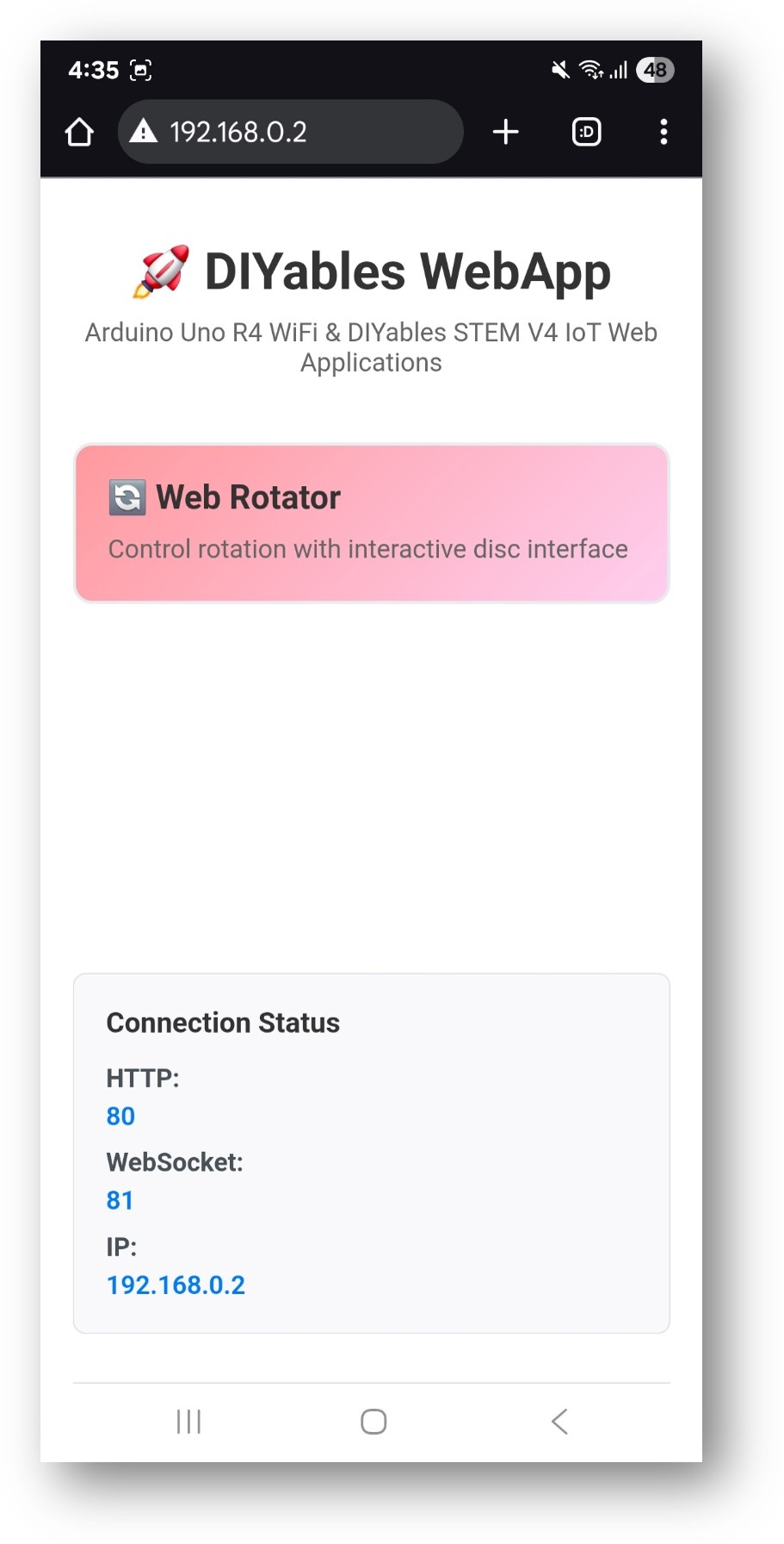 Página de inicio de la WebApp ESP32 DIYables con la app Web Rotator