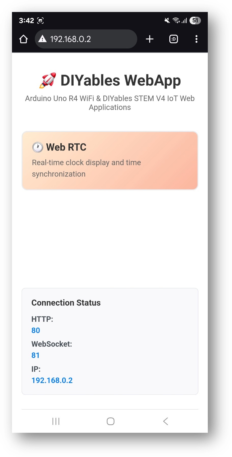 Página de inicio de la WebApp ESP32 DIYables con la aplicación WebRTC