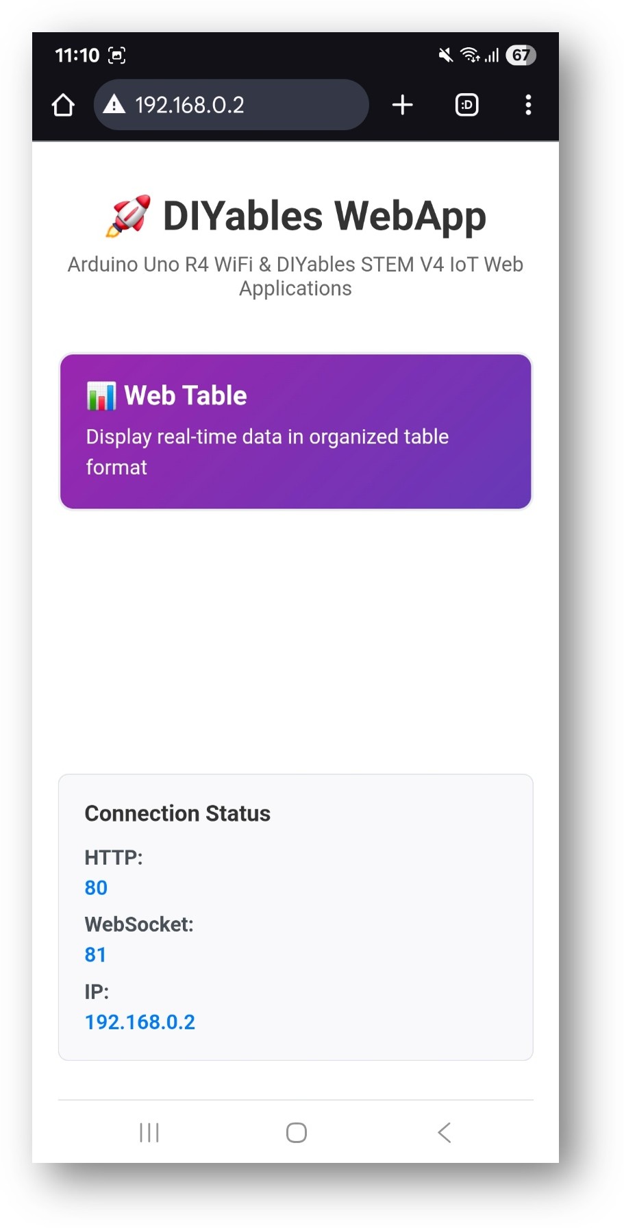 Página de inicio de la WebApp DIYables para ESP32 con la aplicación Web Table.