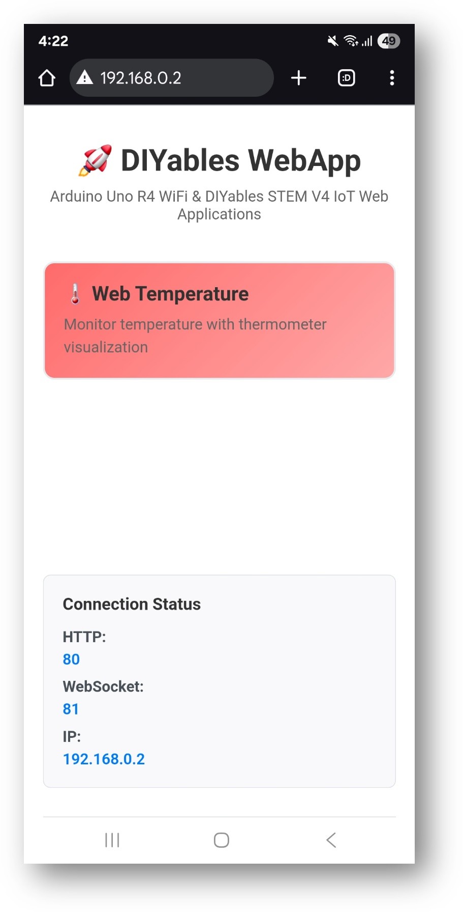 Página de inicio de la WebApp ESP32 DIYables con la aplicación web de temperatura