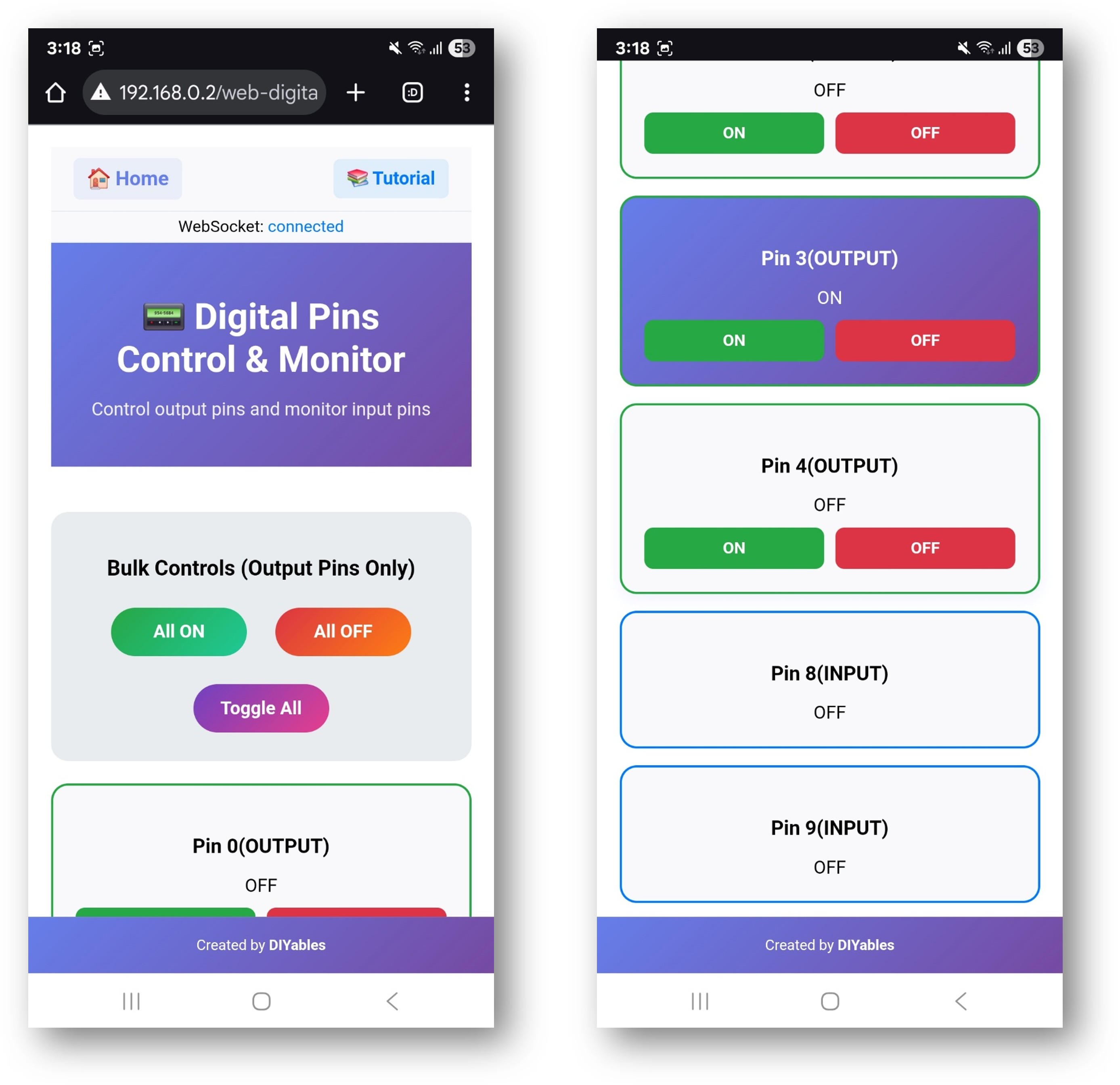 ESP32 DIYables Aplicación Web de Pines Digitales