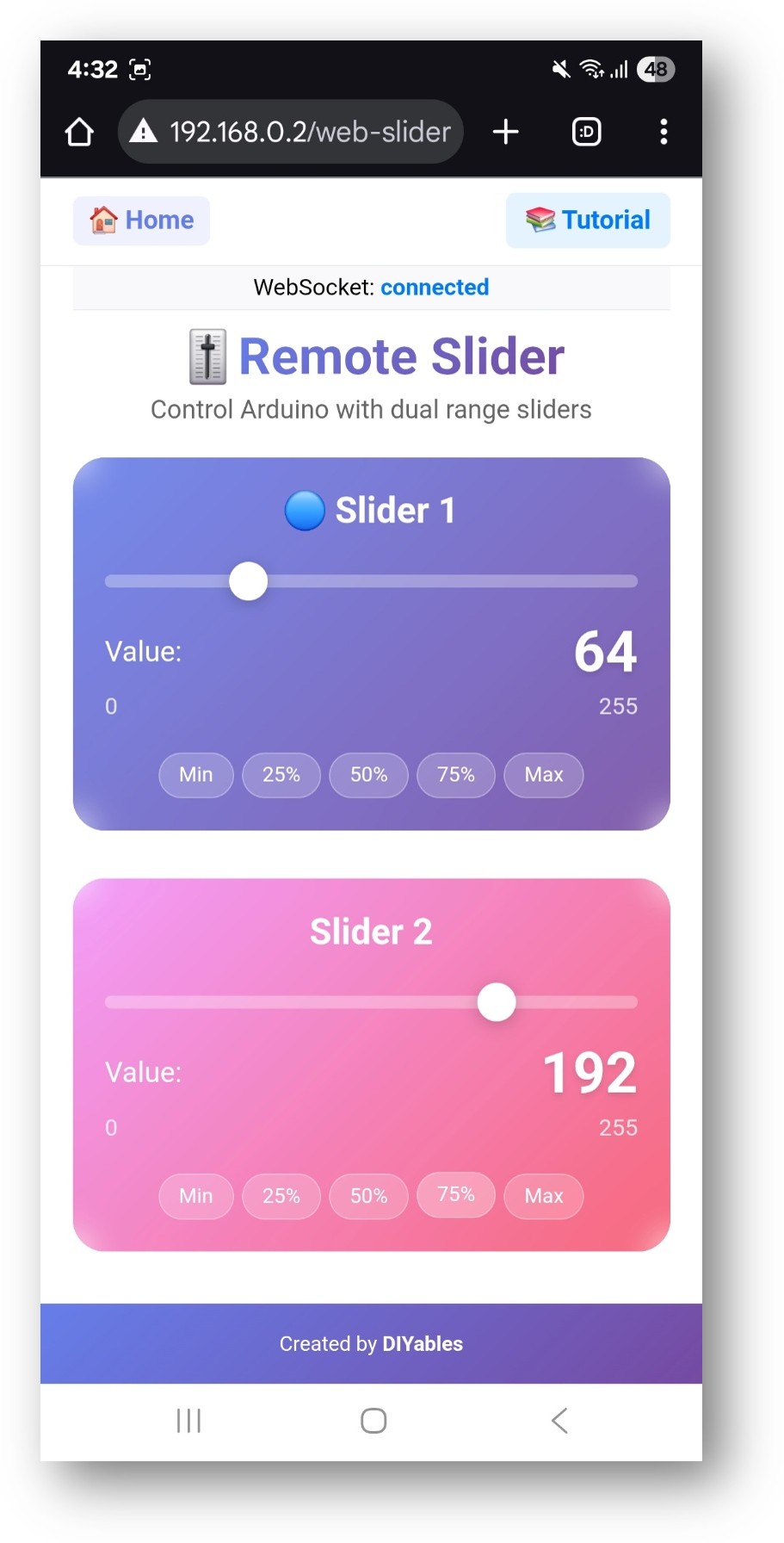 ESP32 DIYables WebApp aplicación web de deslizadores