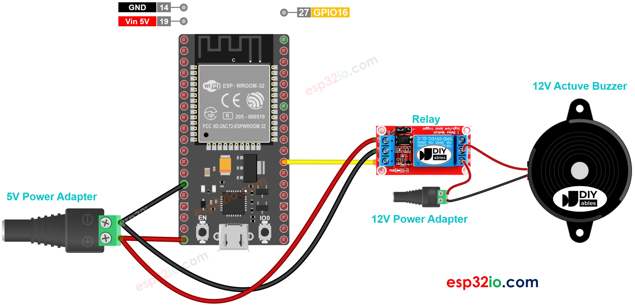 Diagrama de cableado del zumbador activo de 12 V para ESP32