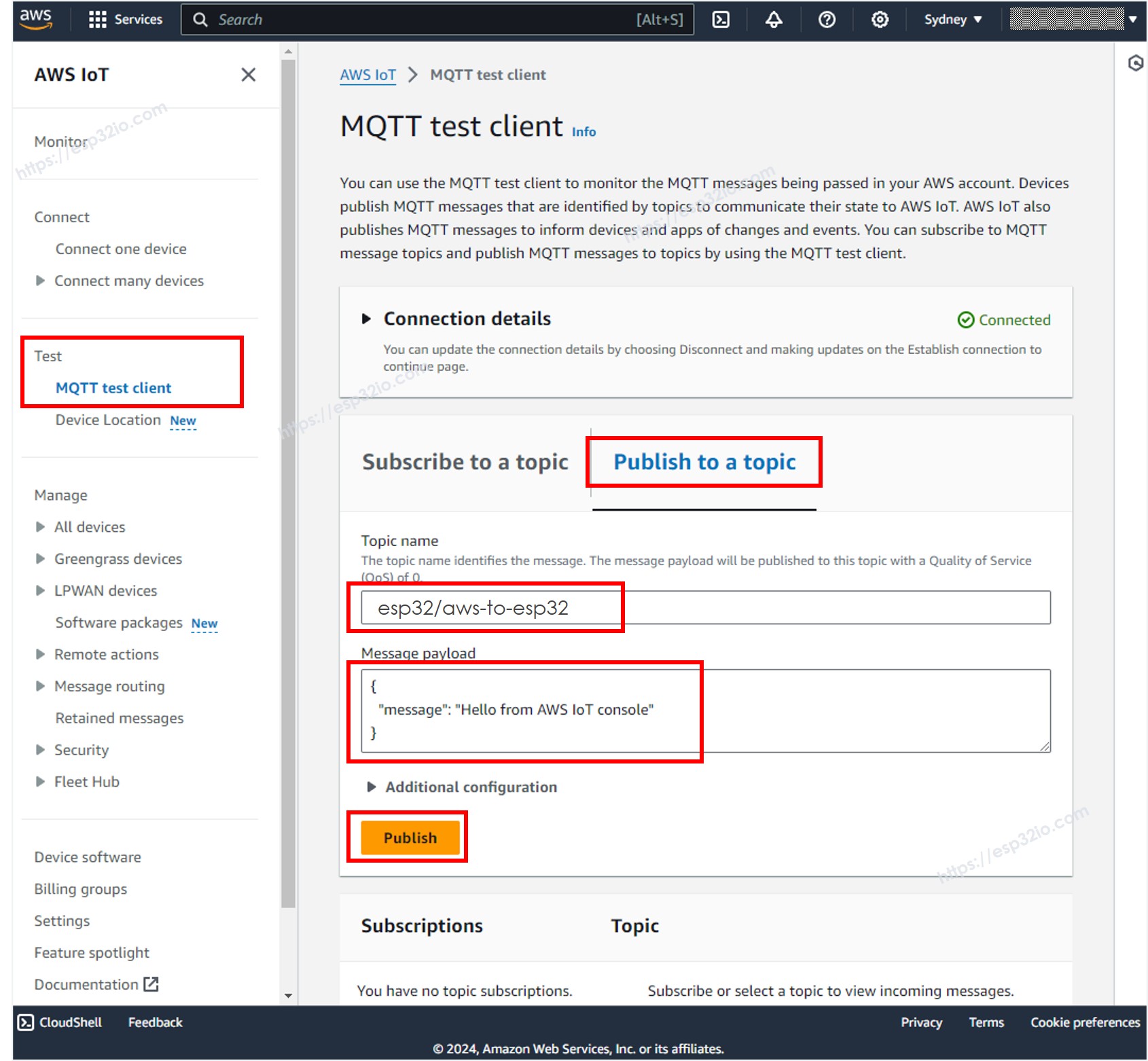 Cliente de prueba MQTT de AWS IoT ESP32