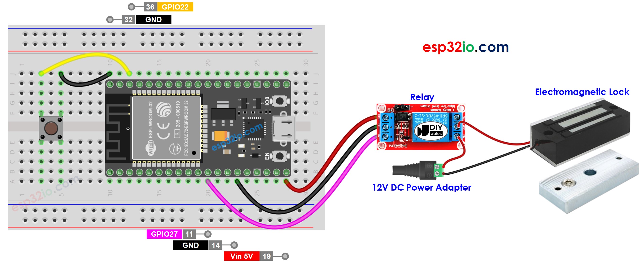 Diagrama de cableado de la cerradura electromagnética con botón ESP32