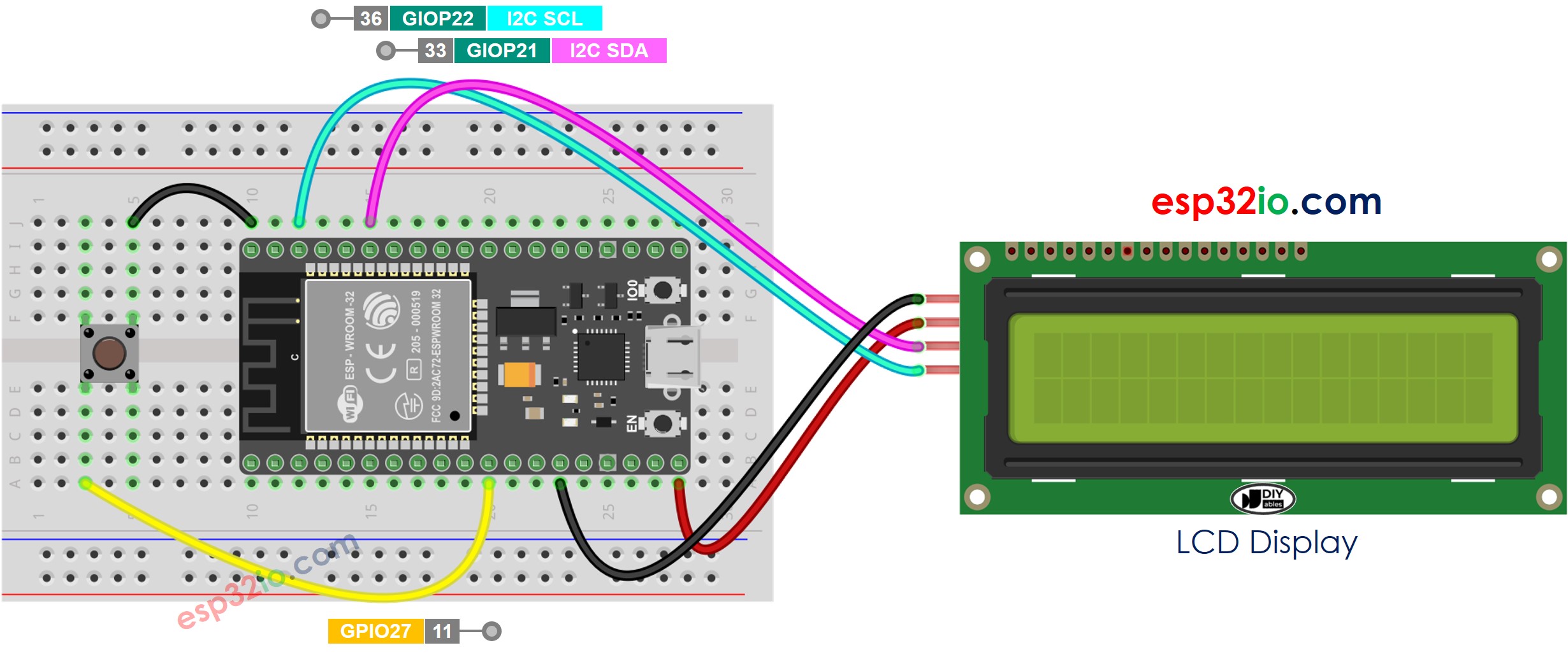 Diagrama de cableado de LCD I2C para ESP32 con botón