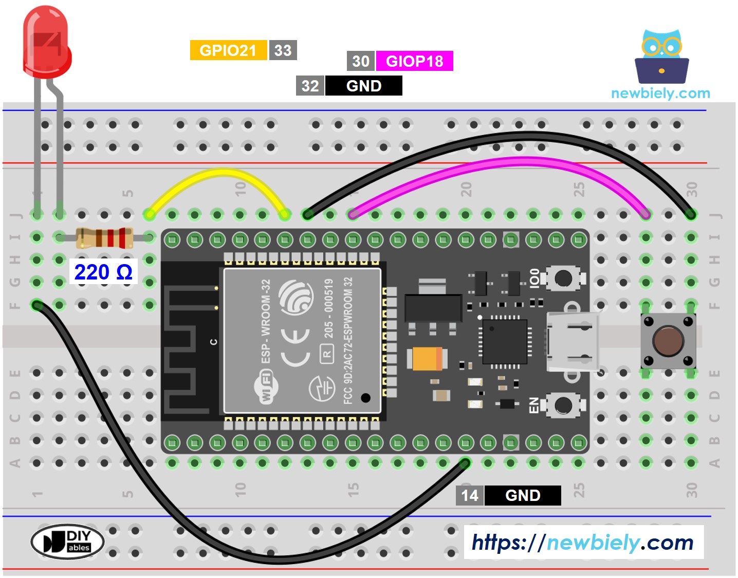 Diagrama de cableado de LED y botón para ESP32