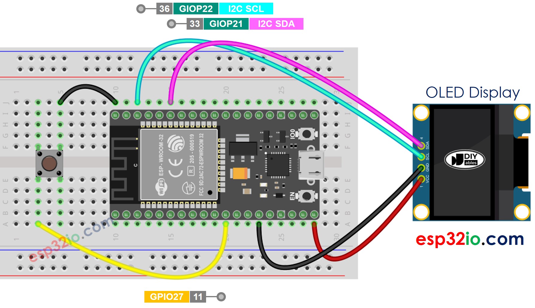 Diagrama de cableado de OLED y botón para ESP32