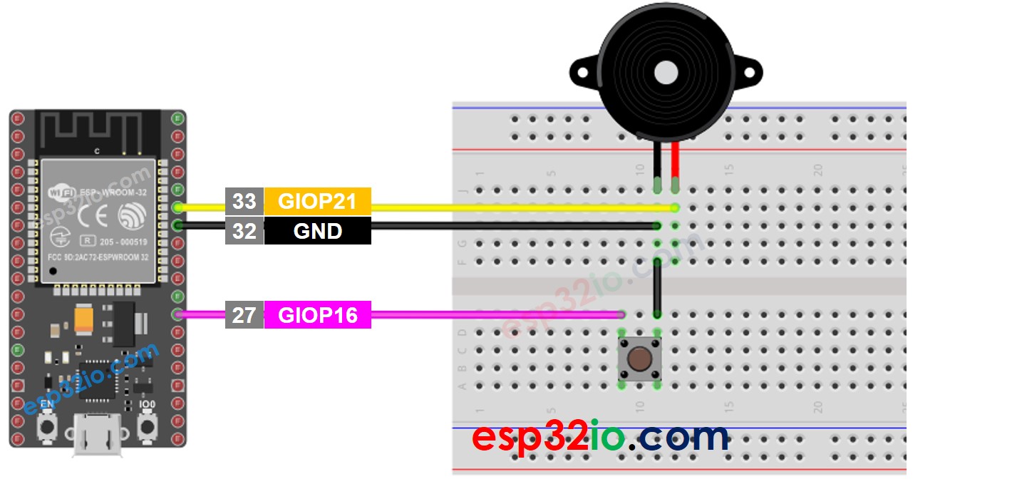 Esquema de cableado del ESP32, botón y zumbador piezoeléctrico