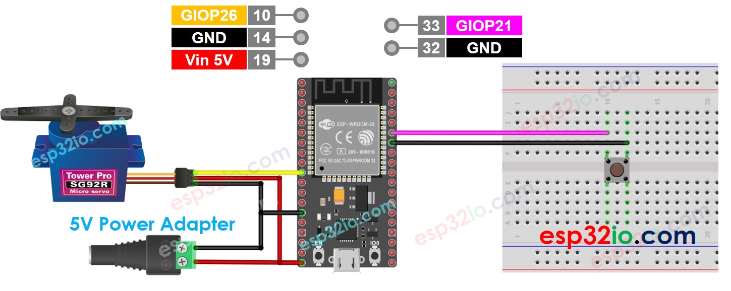 Diagrama de cableado del servomotor con botón ESP32