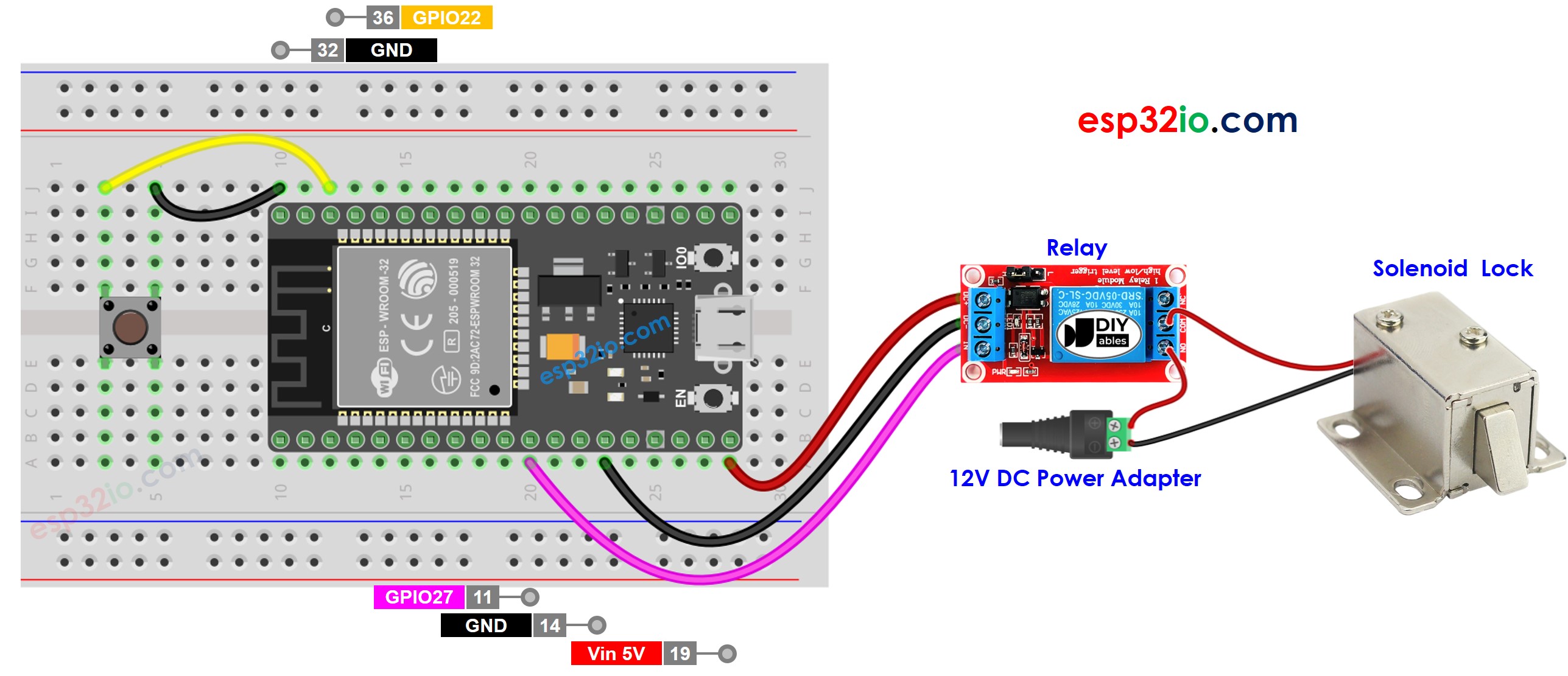 Diagrama de cableado de la cerradura de solenoide con botón ESP32