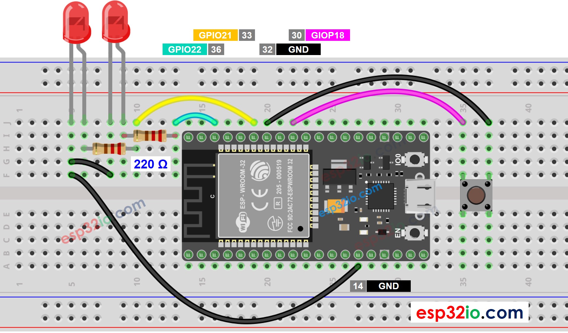 Diagrama de cableado de ESP32 con LED y dos botones