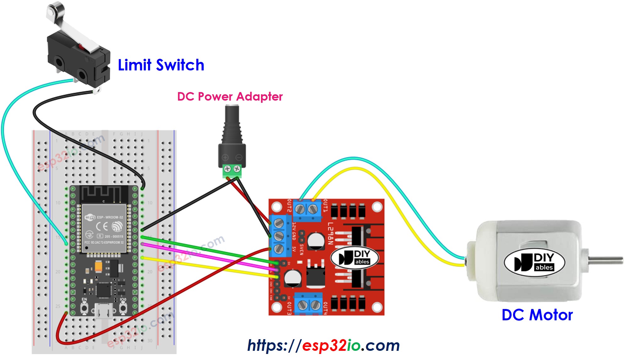 Diagrama de cableado del motor DC y del interruptor de fin de carrera para ESP32