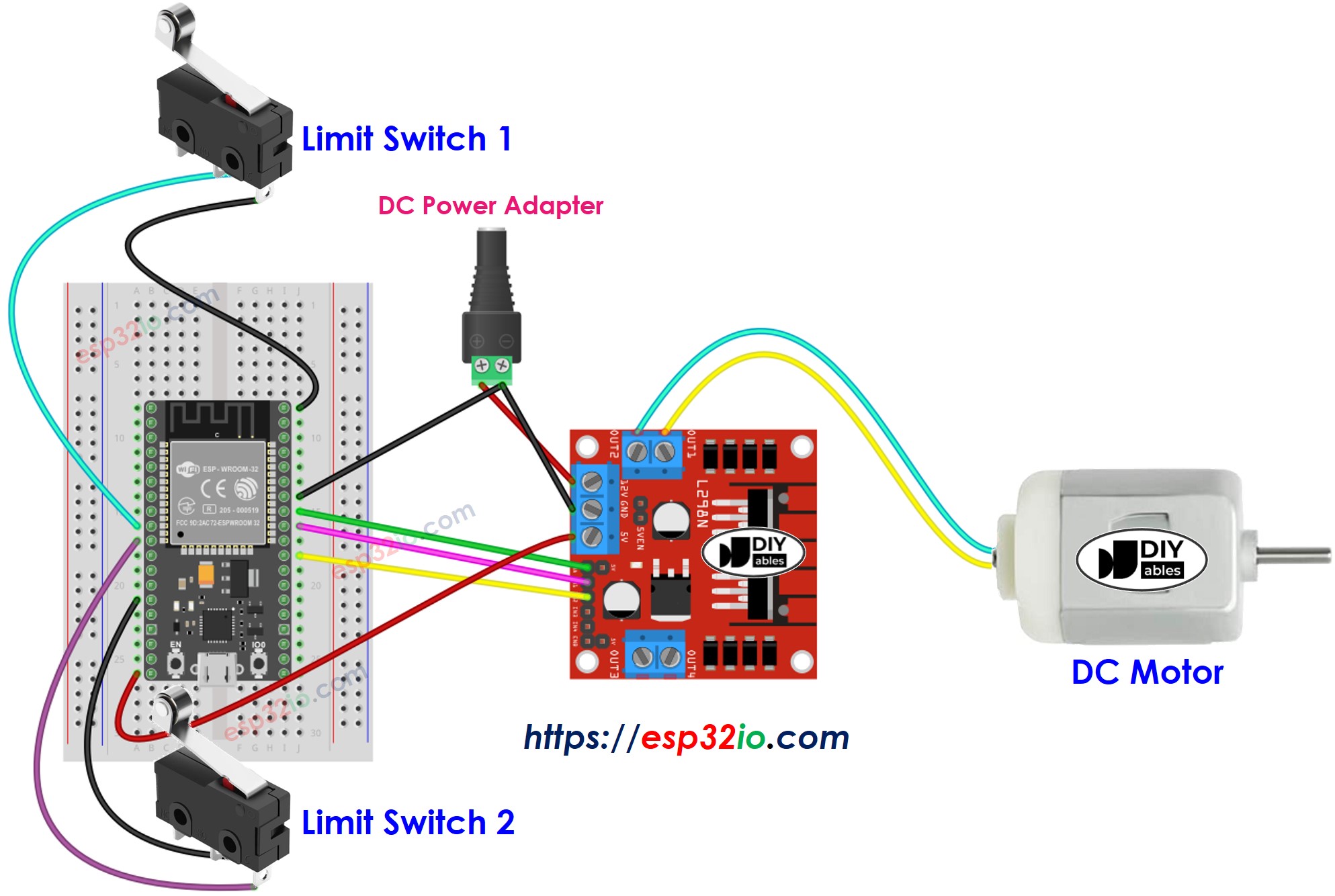 Diagrama de cableado para ESP32: motor de corriente continua y dos interruptores de límite.