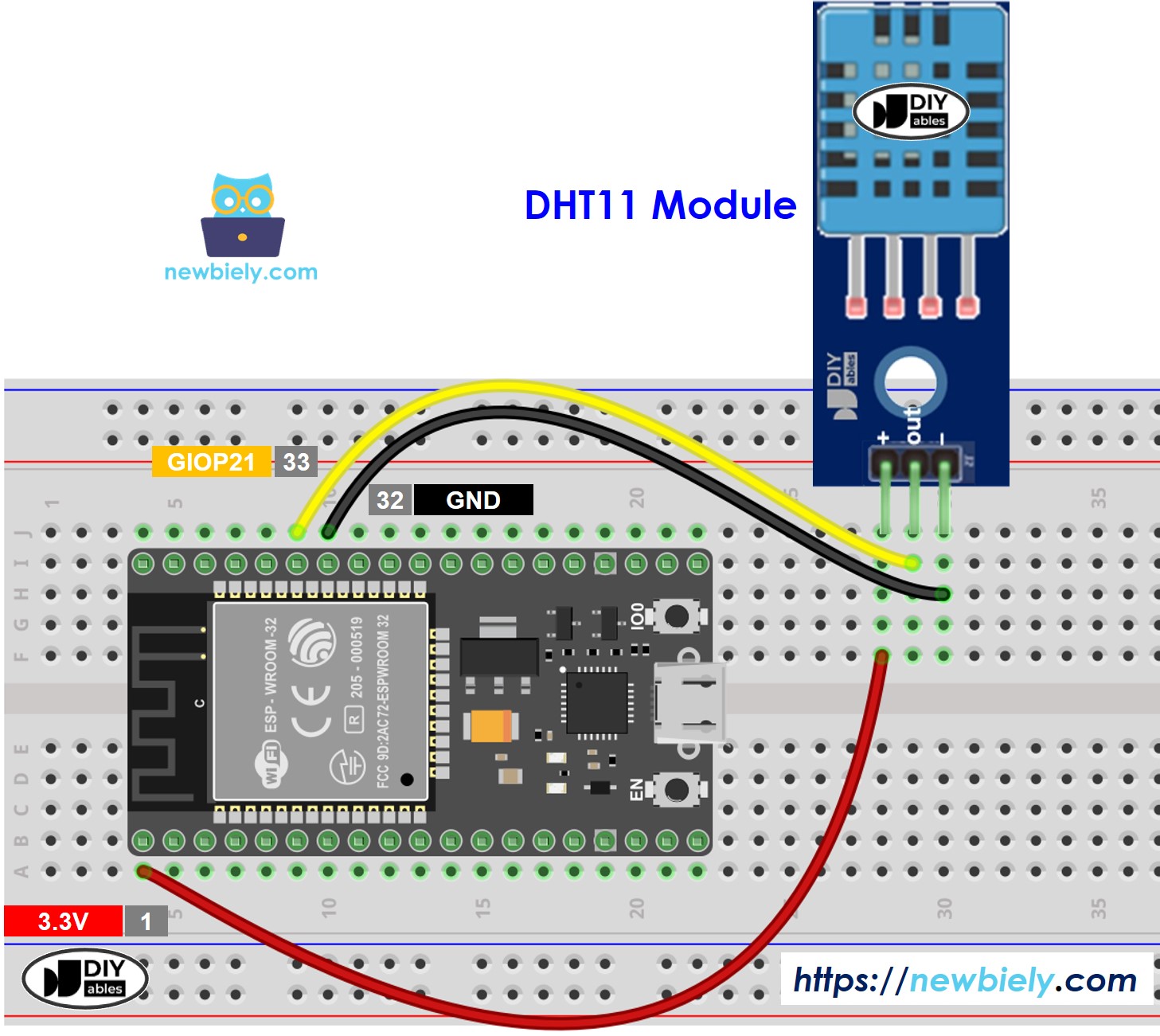 Diagrama de cableado del módulo DHT11 de temperatura y humedad para ESP32